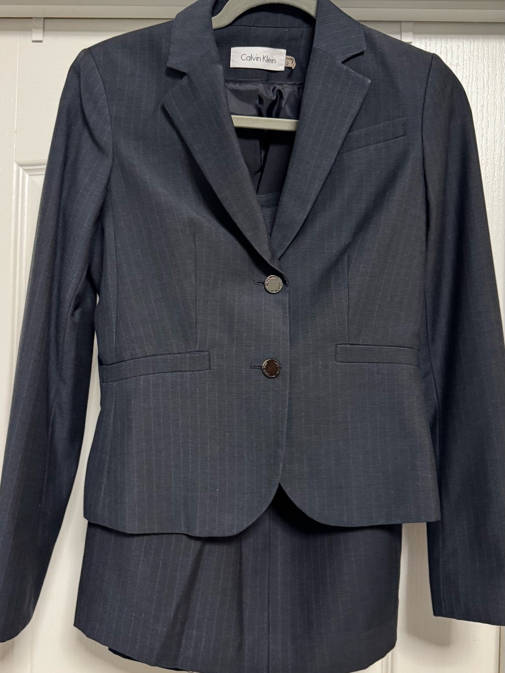 Calvin Klein Dark Navy Pinstripe Two-Button Suit Jacket with matching Skirt